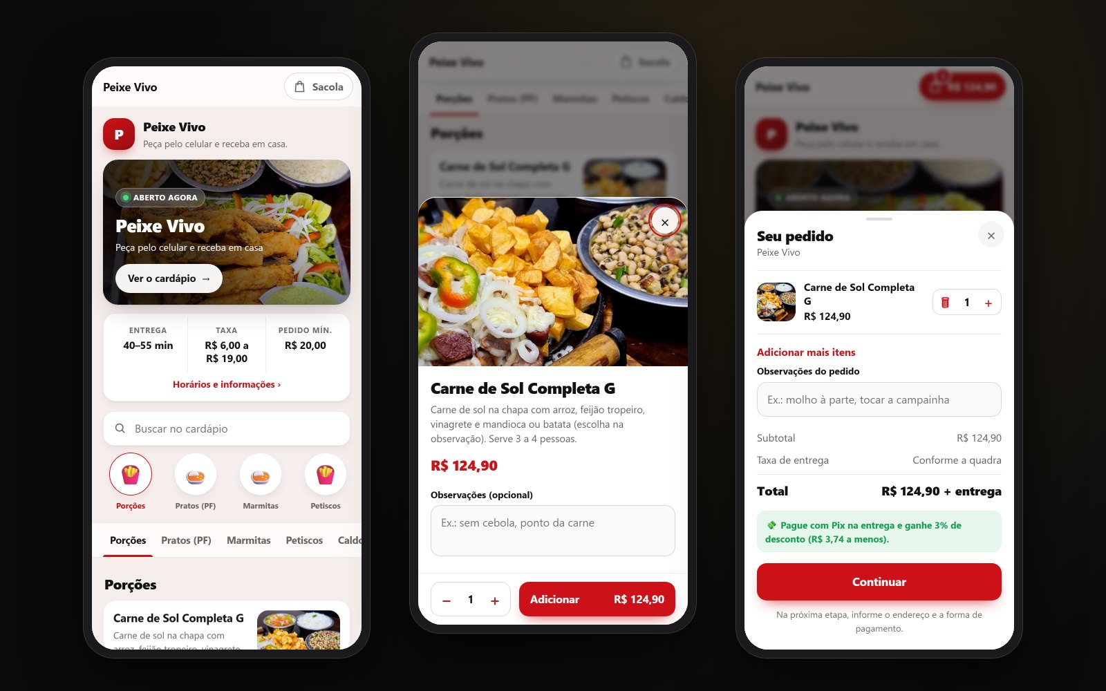 Cardápio de delivery do Peixe Vivo no celular